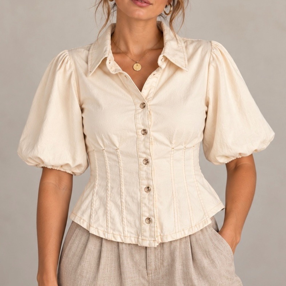 Bagatelle Collection L Cream Corset Peplum Shirt Puff Sleeve Sculpted Waist